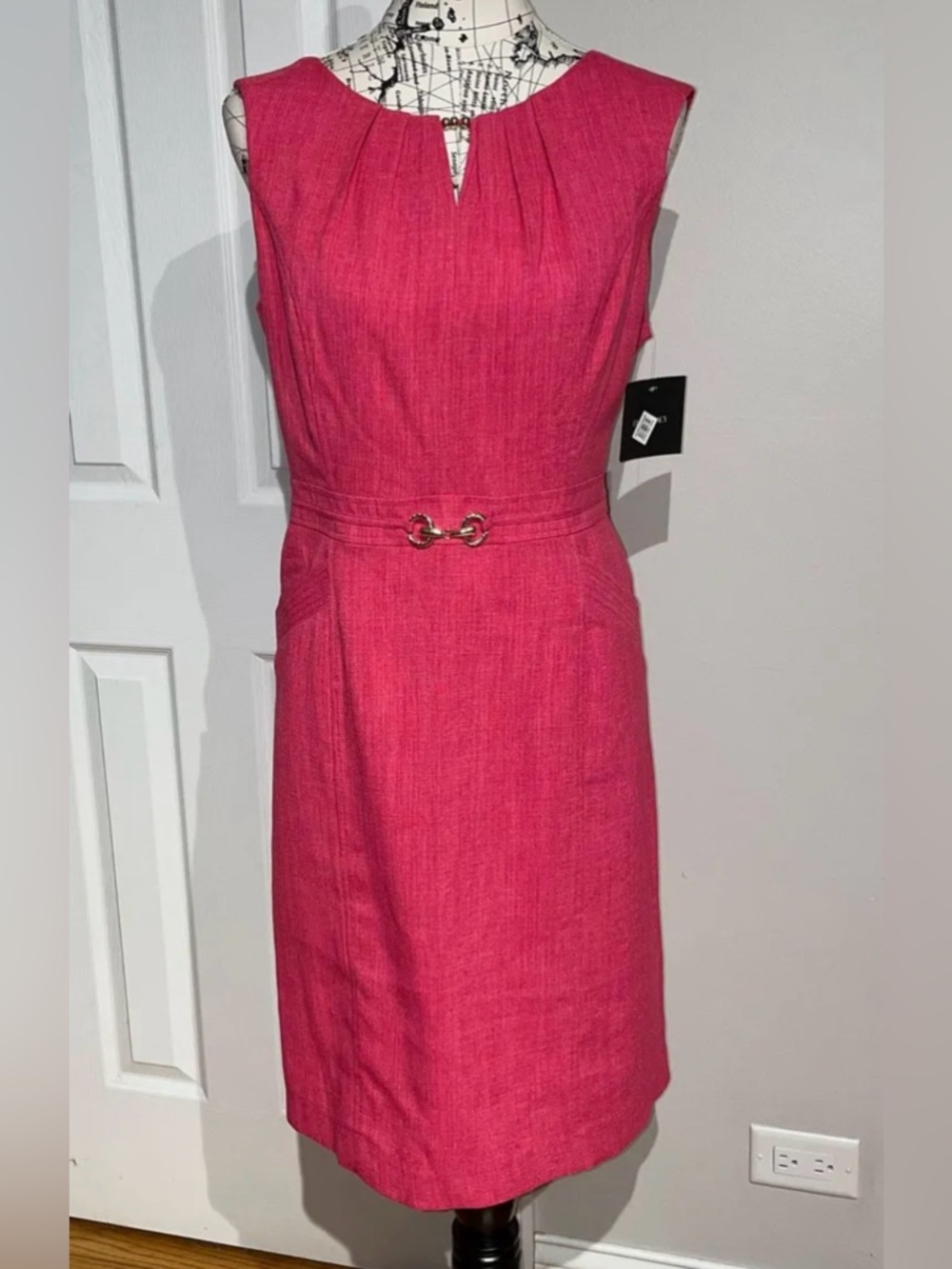 🎯NWT Ellen Tracy Fuchsia shift tailored Sheath pleated fitted vibrant Dress 14